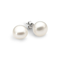 White Button Freshwater Pearl Stud Earrings Sterling Silver 11mm