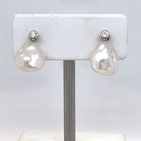 10-11mm White Keshi Freshwater Pearl and Cubic Zirconia Earrings Sterling Silver Set