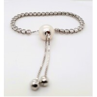 Sterling Silver Cubic Zirconia and Freshwater Pearl Adjustable Tennis Bracelet CLEARANCE