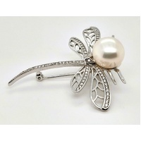 Sterling Silver, White Freshwater Pearl and Cubic Zirconia Dragonfly Brooch