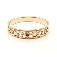9 Carat Yellow Gold Natural Ruby, Emerald and Amethyst Set Filigree Ring Size P½ 