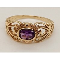 9 Carat Antique Style Open Filigree Oval Amethyst Ring AUS Size L