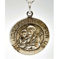 Sterling Silver Frosted Oxidised St. Joseph Disc Medallion/Charm/Pendant