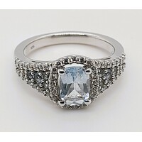 Sterling Silver Created Aquamarine and Cubic Zirconia Ring AUS Size L