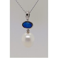 Sterling Silver Light Solid Opal and White Freshwater Pearl Pendant - CLEARANCE
