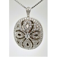 Cubic Zirconia Puffed Oval Locket With Sterling Silver Chain