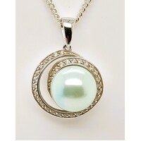 Sterling Silver Cubic Zirconia and Green Created Pearl Pendant CLEARANCE