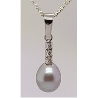 9 Carat White Gold Gr eyFreshwater Pearl & Cubic Zirconia Pendant - CLEARANCE