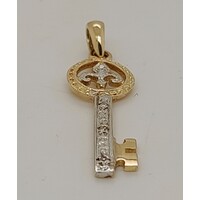 9 Carat Two Tone Gold Diamond Set Key Pendant with Fleur-de-Lys