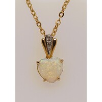 FireGem 14 Carat Yellow Gold Claw Set Solid White Opal and Diamond Pendant