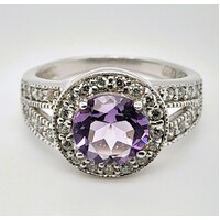Sterling Silver Natural Amethyst with Cubic Zirconia Dress Ring Size O