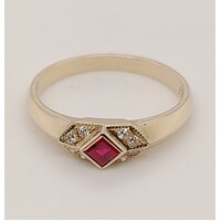 9 Carat Yellow Gold Princess Cut Ruby and Diamond Ring AUS Size N