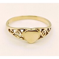 9 Carat Yellow Gold Single Heart with Open Filigree Scroll Shoulders Ring AUS Size N