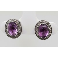 Sterling Silver Amethyst and Cubic Zirconia Oval Stud Earrings