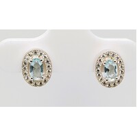 Sterling Silver Oval Aquamarine and Cubic Zirconia Stud Earrings