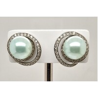 Freshwater Button Pearl with Cubic Zirconia Sterling Silver Stud Earrings SE4074