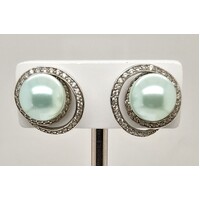 Sterling Silver Cubic Zirconia and Green Created Pearl Stud Earrings CLEARANCE