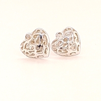 Sterling Silver Filigree Puffed Heart Diamond Stud Earrings