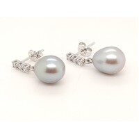 9 Carat White Gold Grey Freshwater Pearl with Cubic Zirconia Drop Earrings