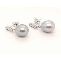 9 Carat White Gold Grey Freshwater Pearl with Cubic Zirconia Drop Stud Earrings