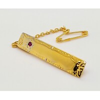 Gold Plated Sterling Silver Rectangular Brooch Red Stone Set - CLEARANCE