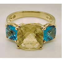 9 Carat Yellow Gold Lime Quartz with Blue Topaz Ring AUS Size O1/2