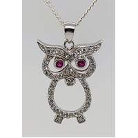 Sterling Silver Cubic Zirconia and Synthetic Ruby Owl Pendant - CLEARANCE