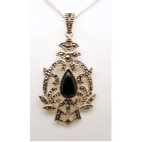 Sterling Silver Marcasite and Onyx Pendant