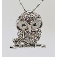 Cubic Zirconia and Sapphire Owl Sterling Silver Pendant