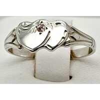 Sterling Silver Double Heart Signet Ring with Pink Cubic Zirconia AUS Size M