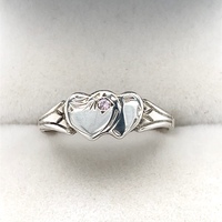 Double Heart Sterling Silver Signet Ring with Pink Stone Size M
