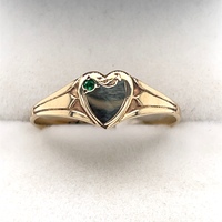 Single Heart Green Stone 9 carat Yellow Gold Signet Ring Size S