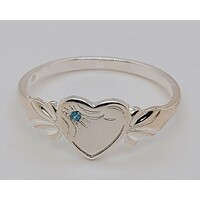 Sterling Silver Birthstone Single Heart Signet Rings with Aquamarine Cubic Zirconia