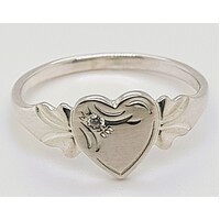 Sterling Silver Birthstone Single Heart Signet Rings with White Cubic Zirconia