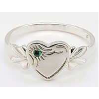 Sterling Silver Birthstone Single Heart Signet Rings with Emerald Cubic Zirconia