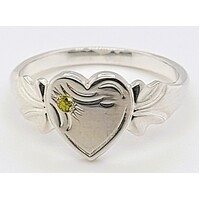Sterling Silver Birthstone Single Heart Signet Rings with Peridot Cubic Zirconia