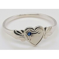 Sterling Silver Birthstone Single Heart Signet Rings with Sapphire Cubic Zirconia
