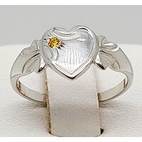 Sterling Silver Birthstone Single Heart Signet Rings with Yellow Topaz Cubic Zirconia