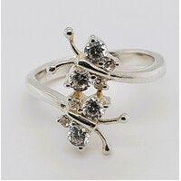 Sterling Silver Pair of Butterflies Cubic Zirconia Set Ring AUS Size N - CLEARANCE