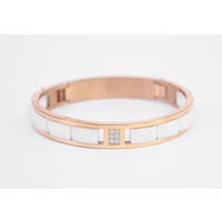 Rose Gold Plated  Stainless Steel Hinged Bangle with White Faceted Ceramic Inlay and Cubic Zirconia Bangle