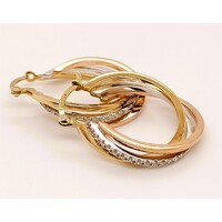 9 Carat Three-tone Gold Diamond Set Twisted Hoop Earrings