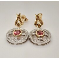 9 Carat Two-tone Yellow & White Gold Pink Tourmaline and Diamond Drop Earrings