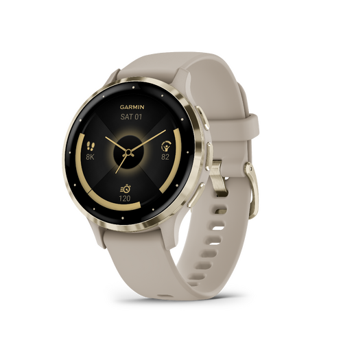 Garmin Venu® 3S, Soft Gold Stainless Steel Bezel with French Gray Case and Silicone Band