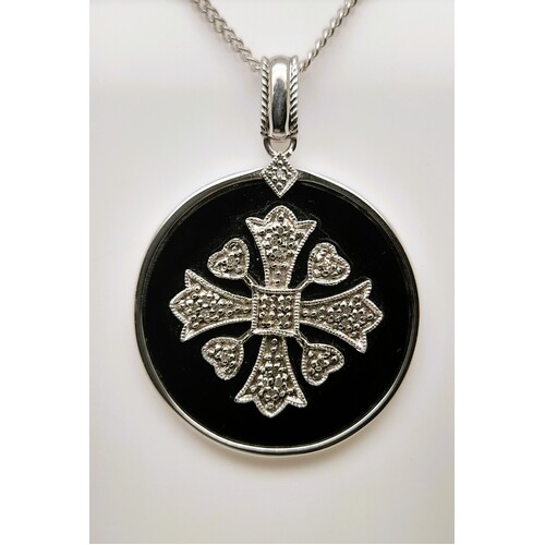 Sterling Silver Black Onyx and Diamond Set Pendant