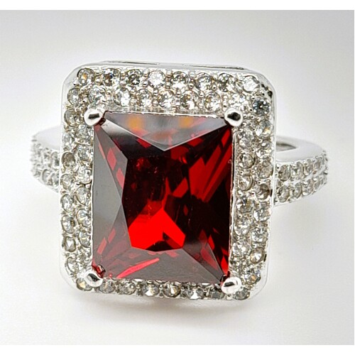 Sterling Silver Created Ruby and Cubic Zirconia Ring AUS Size M - CLEARANCE