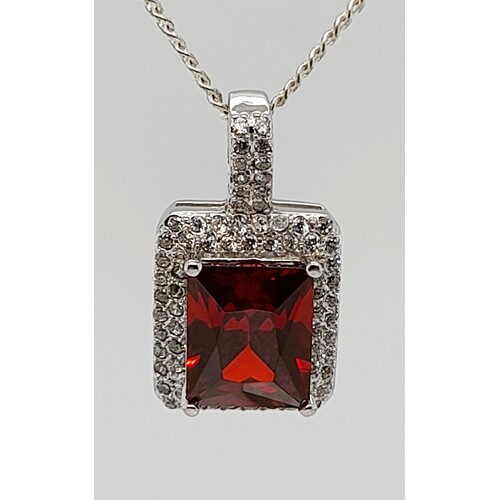 Sterling Silver Emerald Cut Created Ruby and Cubic Zirconia Pendant CLEARANCE