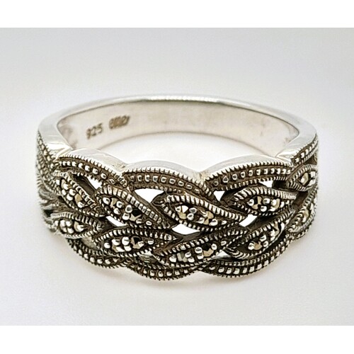 Sterling Silver Marcasite Set Plaited Ring AUS Size P½   