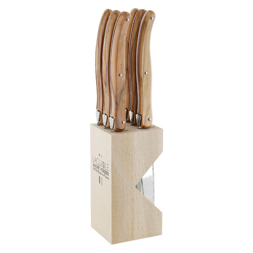 Andre Verdier Laguiole Debutant Olive Wood 6 Piece Steak Knife Set Block