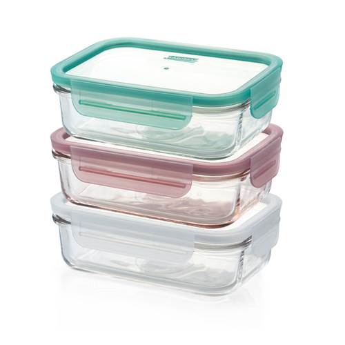 3 Piece Set of 710ml Rectangular Tempered Glass Food Containers with Coloured Lids