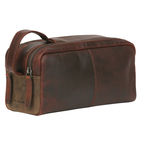 Brown Vintage Leather Toiletry Bag with Retractable Handle